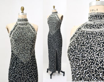 Vestido de fiesta negro de los años 90 y 00, vestido de noche con lentejuelas metálicas plateadas y negras, vestido de noche pequeño y mediano con cuello halter y cuentas negras, vestido de concurso de belleza