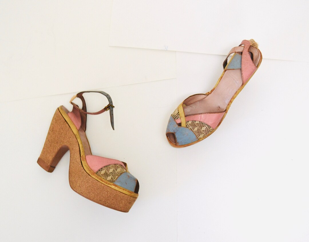 Vintage 1940s Platform Cork High Heels Peep Toe Heels Size 8 the Shoe