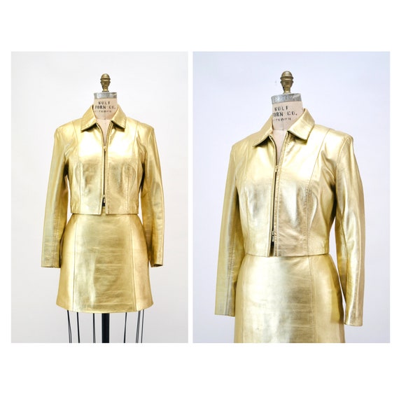 2000s Y2K Vintage Gold Metallic Leather Suit Gold… - image 1