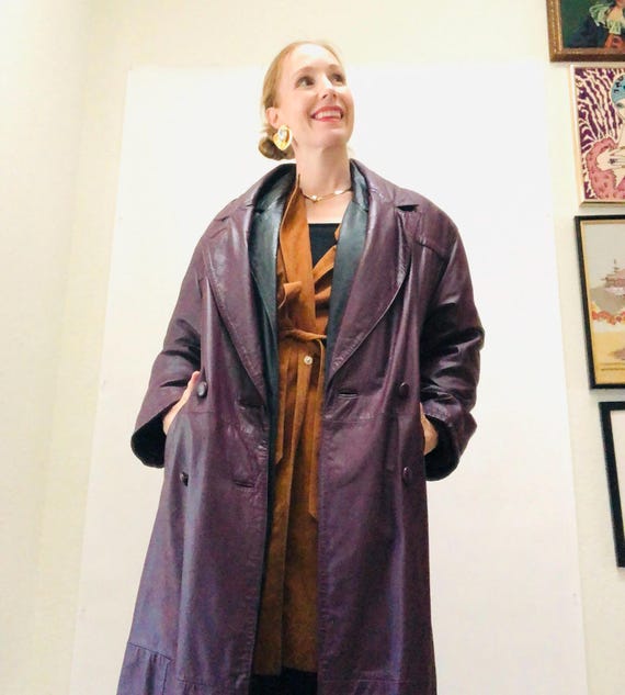 80s 90s Gorgeous Vintage Purple Leather Jacket Trench Coat Long Purple Leather Jacket Medium Vintage Plum Leather Trench Coat Jacket Etsy Canada