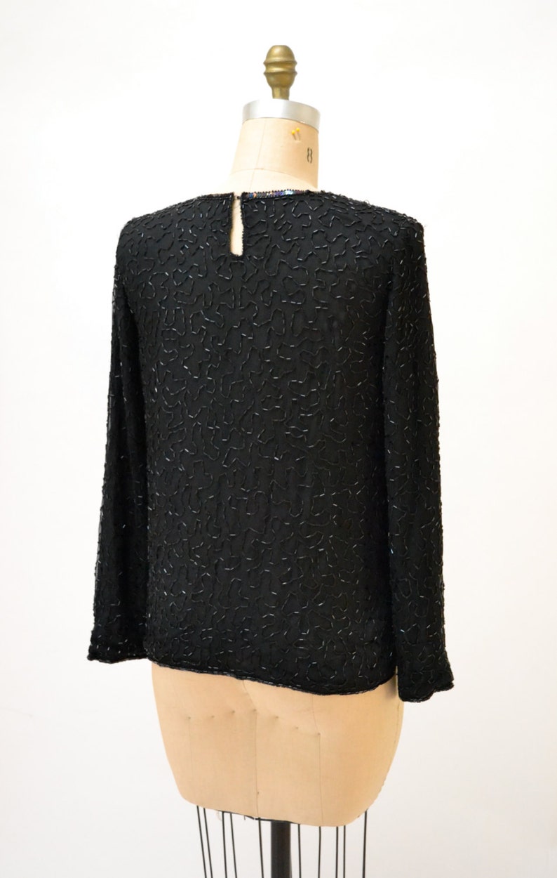 Vintage Black Sequin Shirt Top Medium// Vintage Black Beaded Shirt size Medium Metallic Flapper Art Deco Inspired flower POwer Long sleeves image 5