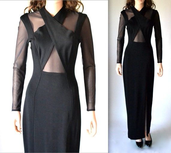 90s Vintage Black Prom Dress Illusion Dress Size … - image 1