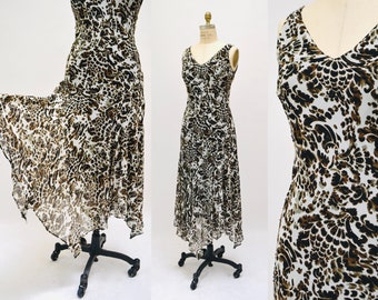 Vintage 00s Y2K Bias Cut Dress White Black Brown Floral Animal Print Sequin Dress Medium 90s 00s Y2k Bias Cut Brown Black Dress