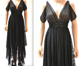Black Silk Evening Gown Dress Size Small Plunging Neckline Open Shoulder// 80s does 20s Vintage Flapper Dress Size Small Black Silk Dress