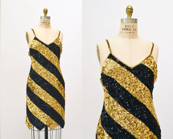 90s Vintage Black Gold Metallic Sequin Dress Tank… - image 2