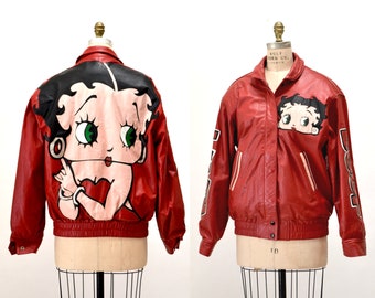 80s 90s Vintage Red Leather Jacket With Betty Boop Jacket