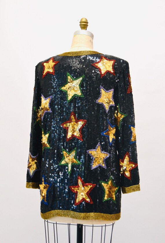 80s 90s Vintage Star Sequin Beaded Jacket Black G… - image 6