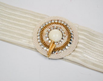 80s Vintage Gold Rhinestone Stretch Elastic Belt Cream White Wedding Belt Gold Metal Metallic Rhinestone Belt Buckle Medium Large 28-32"