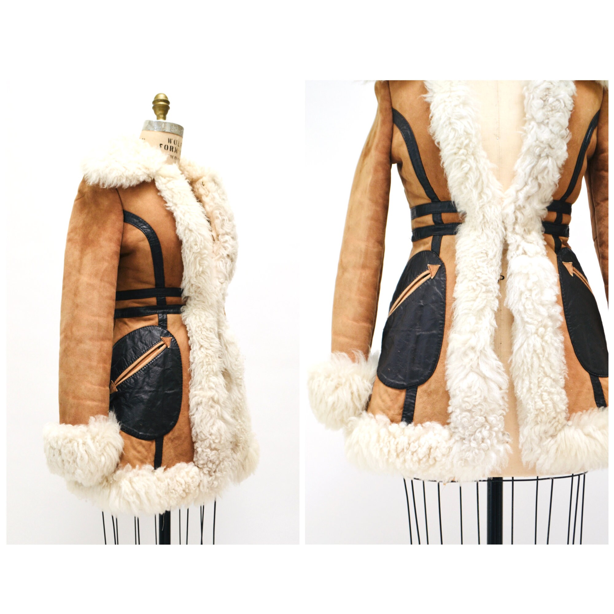 70s Vintage Shearling Afghan Jacket Coat XXS XS Tan Brown Penny