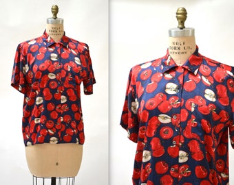 vintage Nicole Miller Silk Shirt Size Medium Large with Fruit Print Apples Orchard Mens Womens Silk Shirt size Small Medium Red and Blue