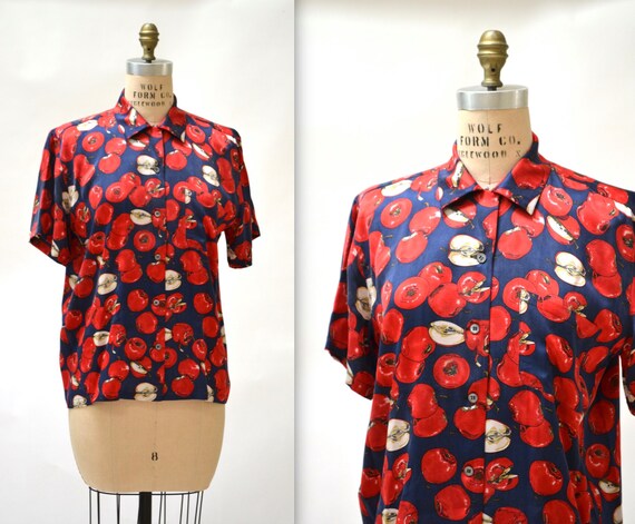 Vintage Nicole Miller Silk Shirt Size Medium Large with Fruit Print Apples Orchard Mens Womens Silk Shirt size Small Medium Red and Blue