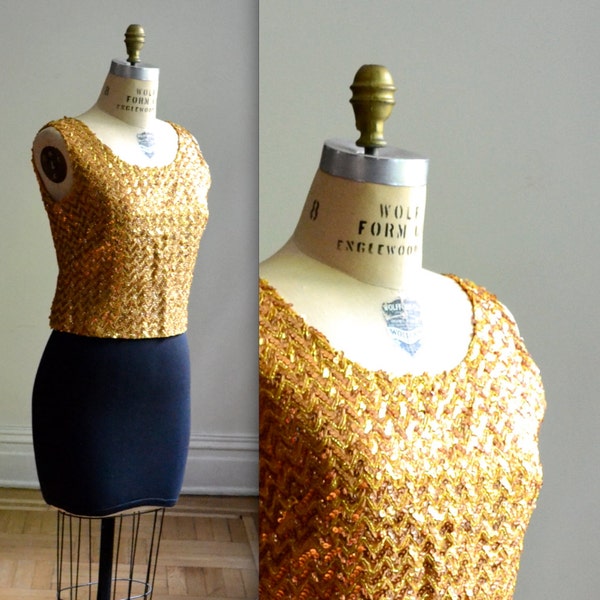 60s Vintage Gold Sequin Top Size Medium Large// Metallic Sequin Tank Crop Top Size Medium Gold Shirt