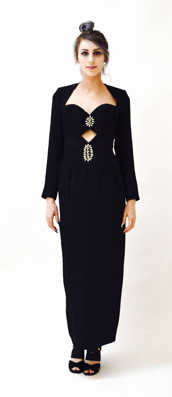 Vintage 90s Black Evening Gown Dress XXS XS Silk With Rhinestones by Sherri  Hill Cut Outs // Vintage Black Pageant Long Dress Long Sleeves - Etsy