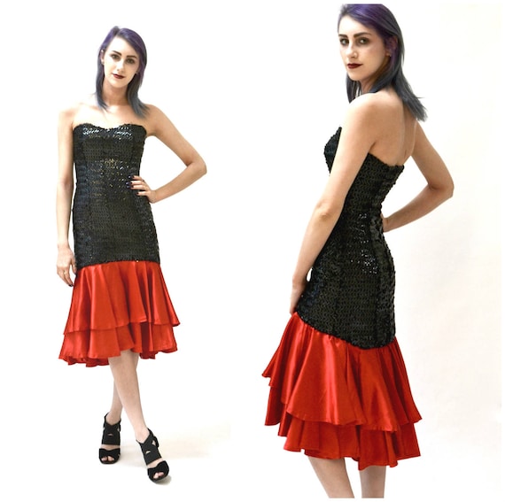 80s Vintage Prom Dress Black Sequin Dress Black a… - image 1