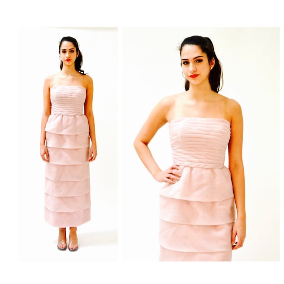 70s 80s Vintage Pink Blush Dress Wedding Gown XXS… - image 2