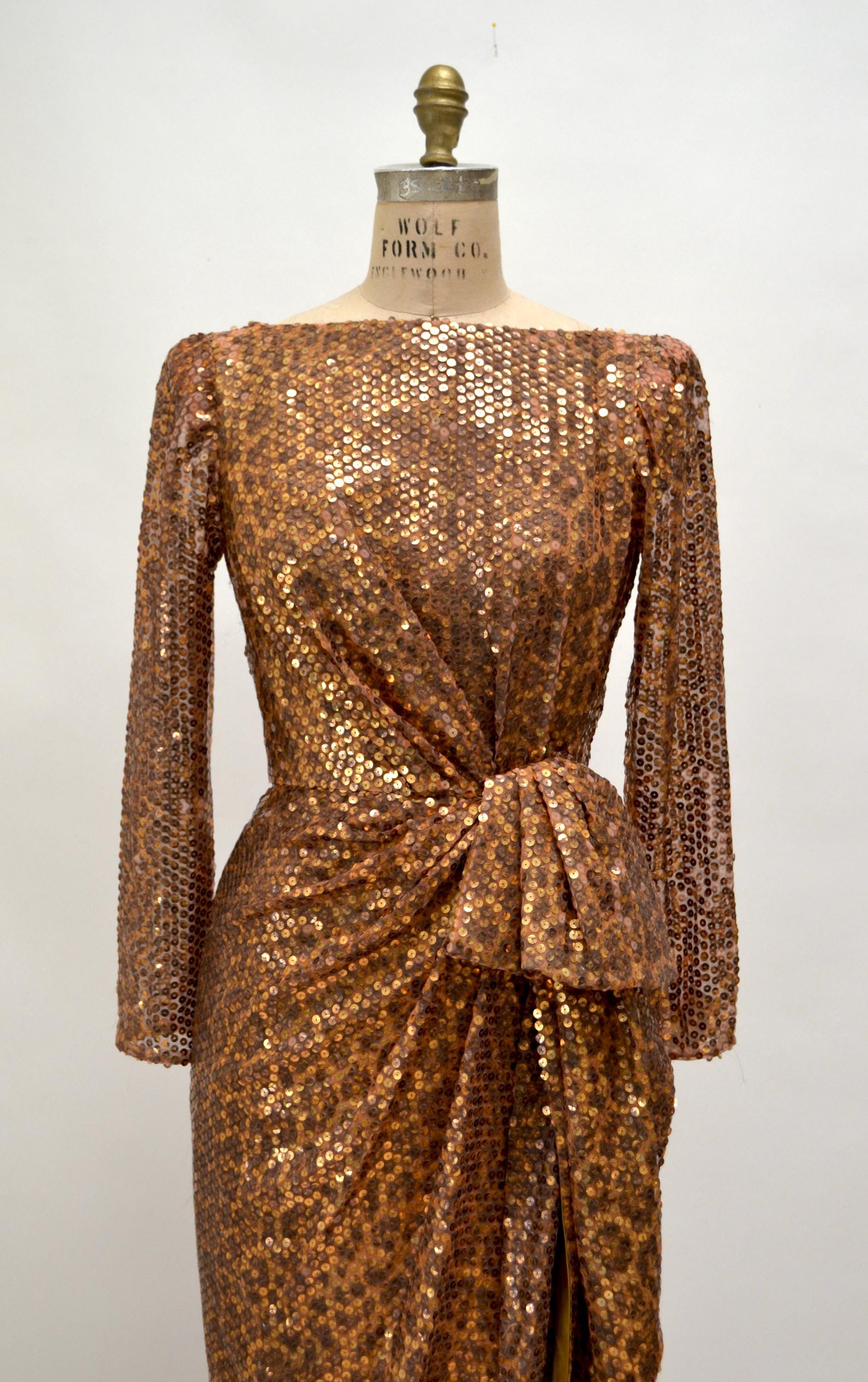 Georgette Fabric Light Brown Color Sequins Work Readymade Gown With Du, image size:1885x3000