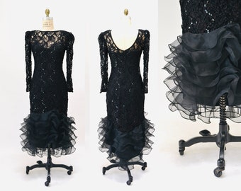 80s 90s Vintage Black Prom Party Dress Size Small Medium Black Lace Sequin Dress with Ruffles Long Sleeves// Vintage Black Lace Ruffle Dress