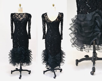 80s 90s Vintage Black Prom Party Dress Size Medium Large Black Lace Sequin Dress with Ruffles Long Sleeves// Vintage Black Lace Ruffle Dress
