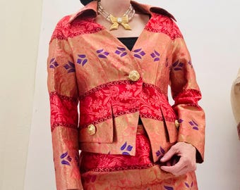 Vintage 90s Christian Larcoix Paris Brocade Suit Pink Orange Gold Metallic 90s Suit Brocade Jacket Skirt // Pink Gold Cocktail Wedding Suit