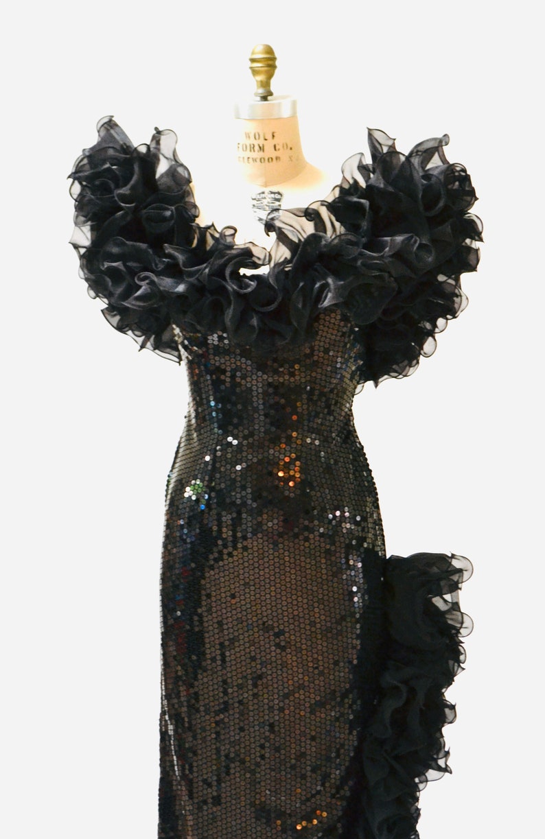80s Vintage Black Sequin Dress Evening Gown Ruffles Size Medium Large 80s 90s Glam Black Sequin Pageant Prom Dress Gown By Alyce Design