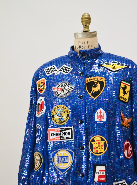 80s 90s Vintage Blue Sequin Bomber Jacket Race Ca… - image 3