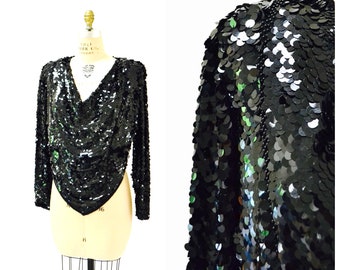 Vintage Metallic Sequin Shirt Top Black size Medium// 80s 90s Vintage Sequin Party Shirt long Sleeve New years Club Shirt with Cowl neck