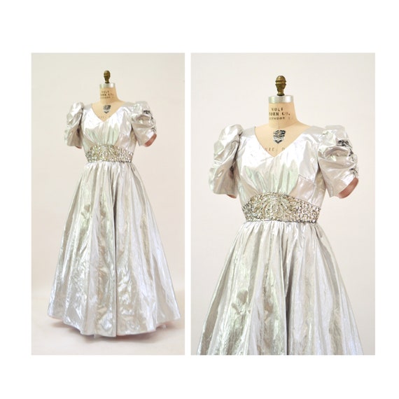 Vintage 80s Prom Dress Silver Sequin Dress Evening
