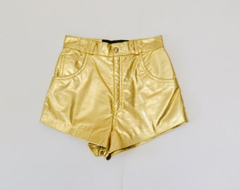 80s Vintage Gold Leather Shorts Hot Pants Leather Short Shorts XXS XS Small Metallic Gold Leather shorts// Vintage Leather Shorts