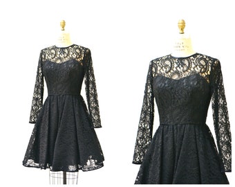 Vintage 80s 90s Black lace Dress Small Medium Long Sleeves Crinoline skirt// 90s does 50s Black Lace Party Dress Rimini Medium Paisley Lace
