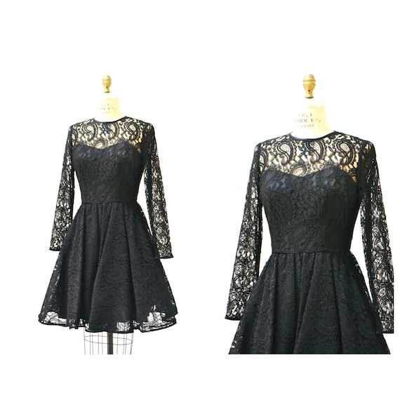 Vintage 80s 90s Black lace Dress Small Medium Lon… - image 1