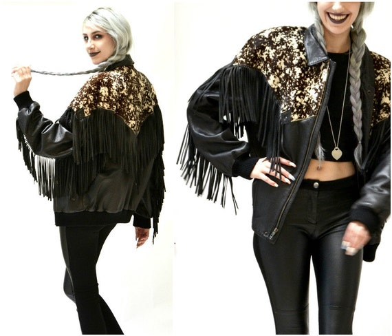 Vintage Black Leather Jacket Fringe Michael Hoban… - image 1