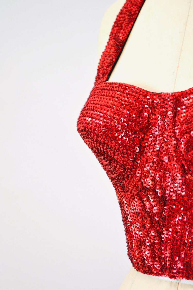 80s 90s Vintage Red Sequin Bustier Crop Top Halter top Size Medium Sequin Red Halter Top Disco Dance 80s 90s Sequin Showgirl Halter TOp image 5