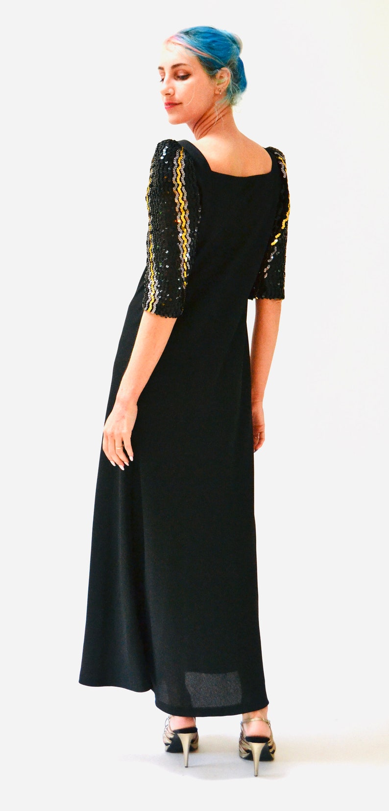 70s 80s Vintage Black Sequin Long Dress by Lillie Rubin Small Medium// Vintage Disco Metallic Silver Gold Black Sequin Dress Evening Gown image 5