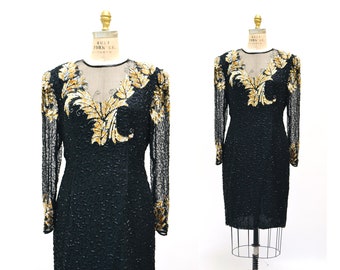 80s 90s Vintage Black Beaded Sequin Party Dress Large Black Gold Metallic Sequin Formal Dress// Vintage Black Sequin Party Dress Scala