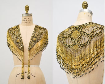 Vintage Gold Beaded Fringe Shawl Wrap Burlesque Wedding Flapper Gold Metallic Beaded Vintage Fringe Collar Shawl Gold Black Wrap Sharmark