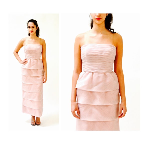 70s 80s Vintage Pink Blush Dress Wedding Gown XXS… - image 1