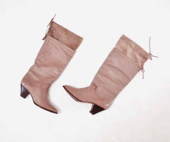 80s Vintage Nude Brown Leather High Heel Boots Si… - image 1