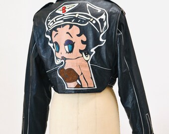ジャケット・アウター Betty Boop biker design leather jacket Vintage Black Leather Motorcycle Jacket With Betty Boop// Black