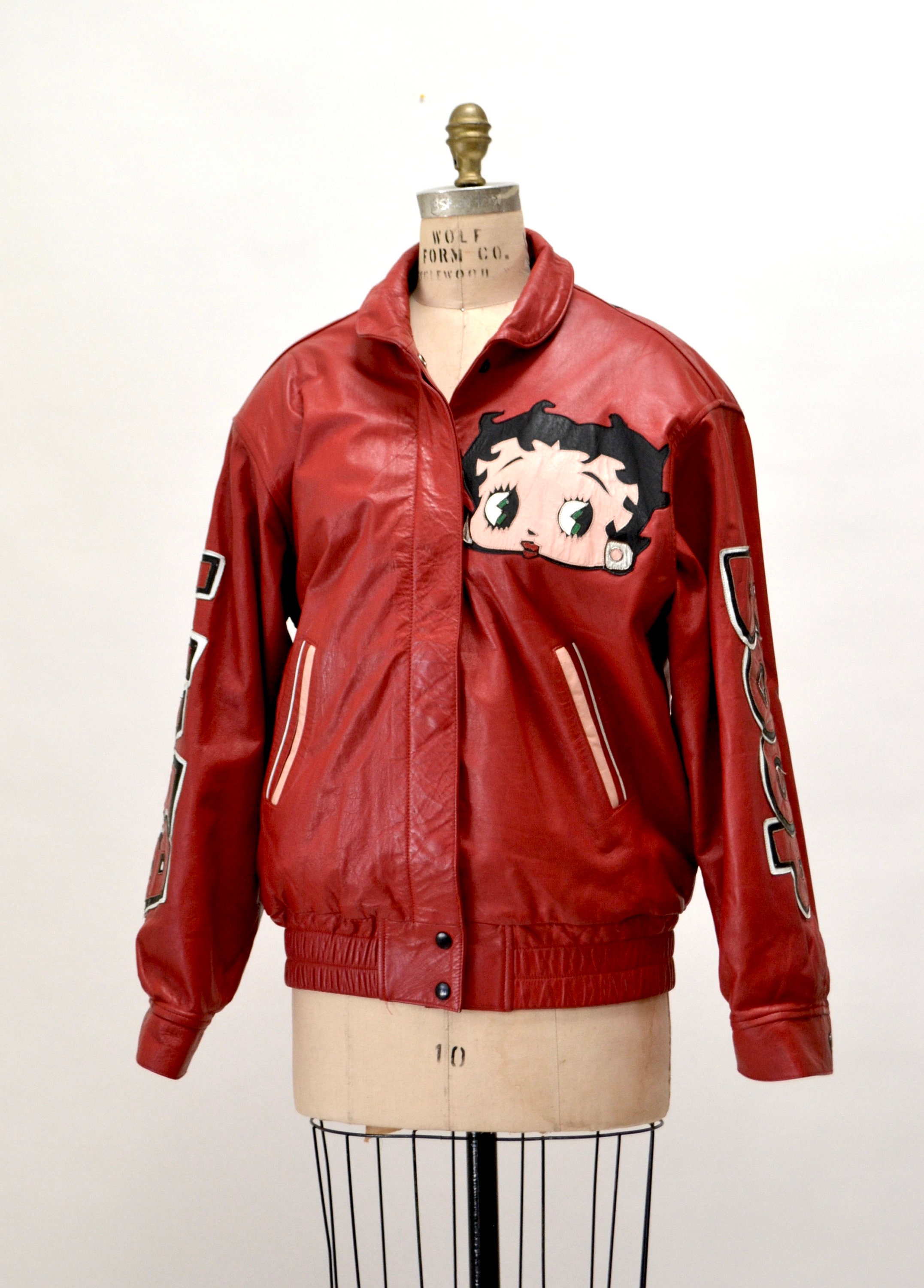 80s 90s Vintage Red Leather Jacket With Betty Boop Jacket// 90s