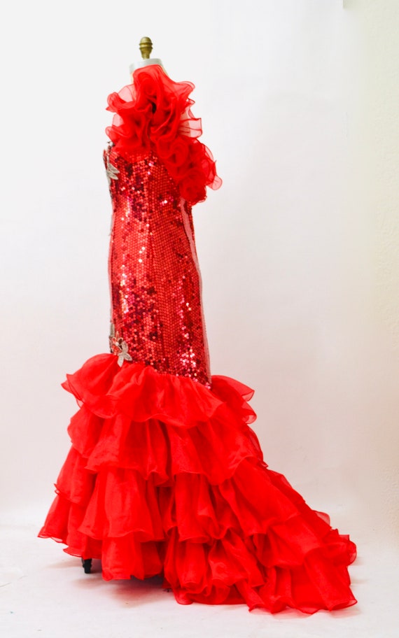 80s 90s Prom Dress Red Sequin Gown Small Medium /… - image 8