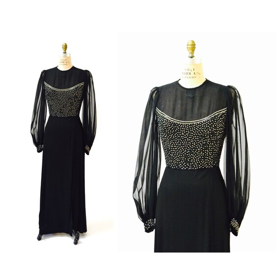 Vintage 60s 70s Dress Black Evening Gown Dress Rh… - image 5