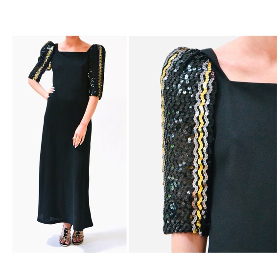 70s 80s Vintage Black Sequin Long Dress by Lillie… - image 3