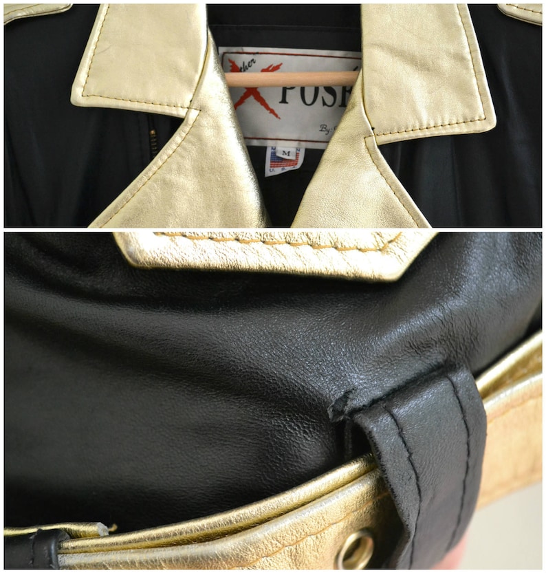 Vintage Leather Motorcycle Jacket in Metallic Gold and Black Checker Size Medium by Expose 90s Metallic Black and Gold Leather Jacket