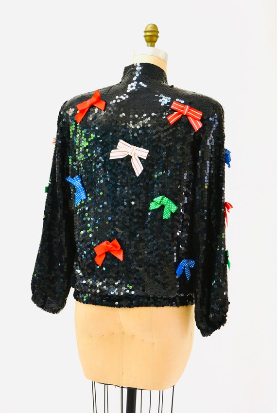 Vintage Black Sequin Jacket With Bows Ribbons 80s… - image 8