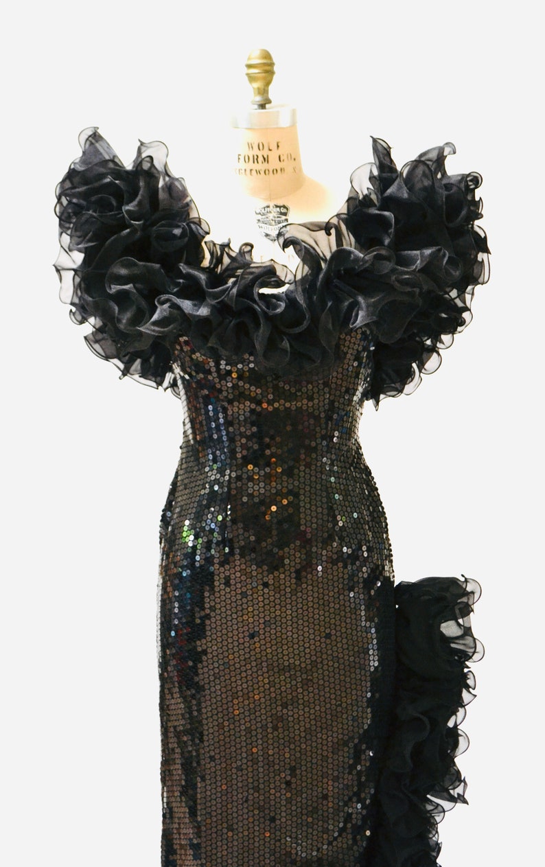 80s Vintage Black Sequin Dress Evening Gown Ruffles Size Medium Large 80s 90s Glam Black Sequin Pageant Prom Dress Gown By Alyce Design