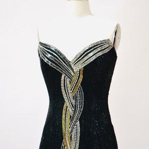 80s 90s Vintage Beaded Sequin Gown Dress By Bob Mackie Black Silver Strapless Black Beaded Gown BoB Mackie Cher Pageant Dress XS Small image 3