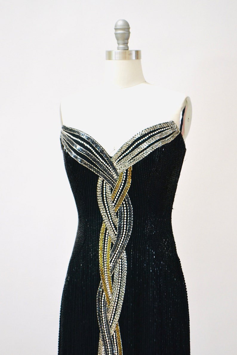 80s 90s Vintage Beaded Sequin Gown Dress By Bob Mackie Black Silver Strapless Black Beaded Gown BoB Mackie Cher Pageant Dress XS Small image 3