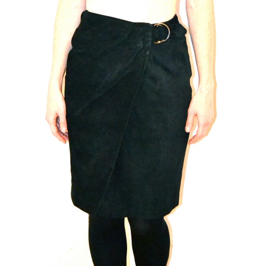 90s Vintage Suede Leather Skirt Black// Vintage B… - image 2