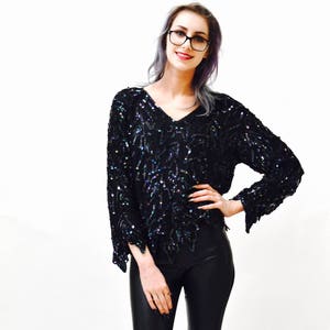 Vintage Metallic Sequin Shirt Black Art Deco Flapper Inspired Oil Slick// Vintage Flapper Inspired Beaded Shirt Top Black Sequins Small image 2