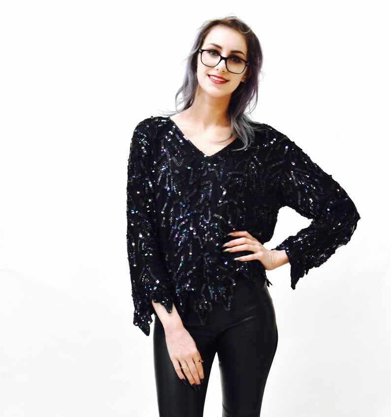 Vintage Metallic Sequin Shirt Black Art Deco Flapper Inspired Oil Slick// Vintage Flapper Inspired Beaded Shirt Top Black Sequins Small image 2